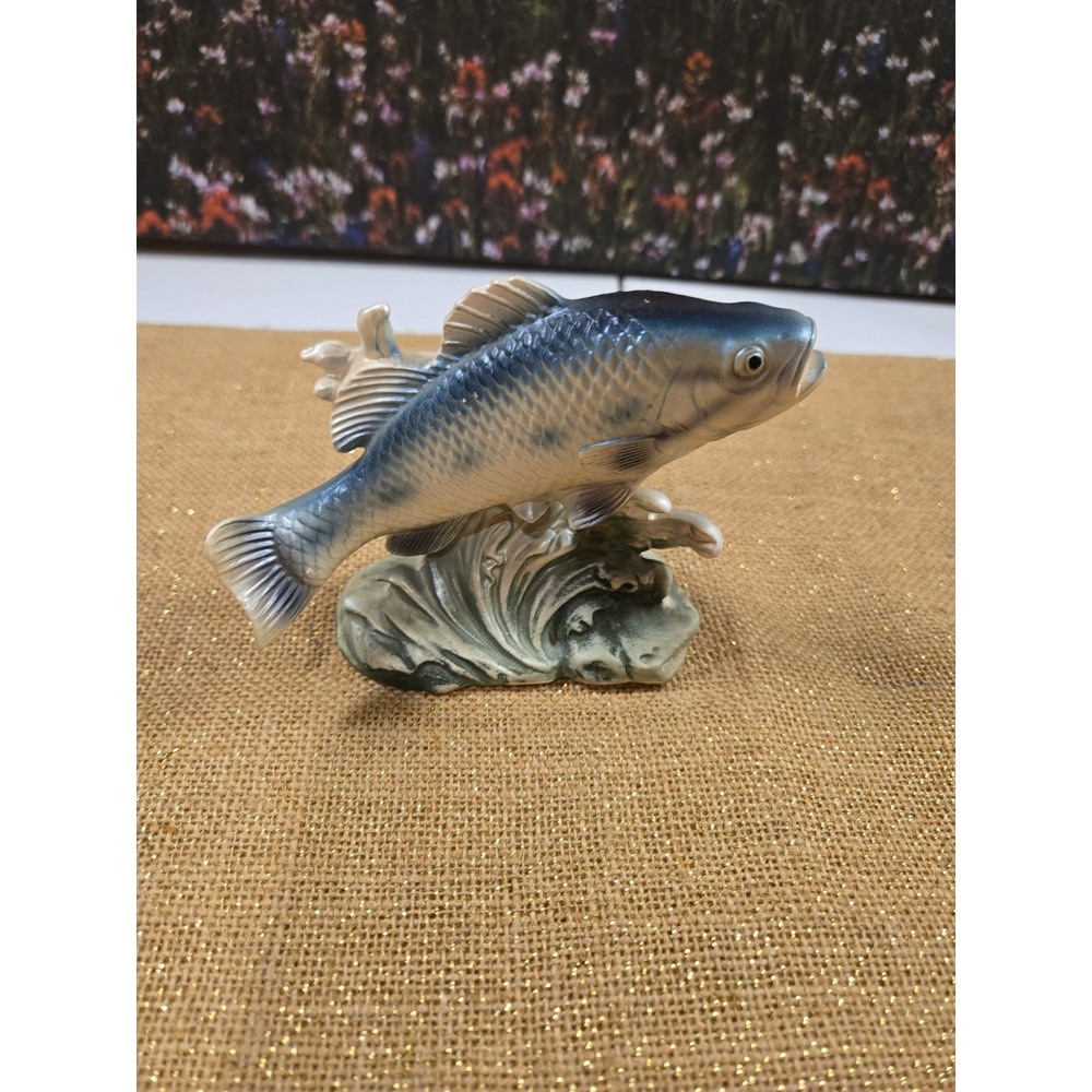 Ceramic Black Bass Fish Figurine on Wave Base